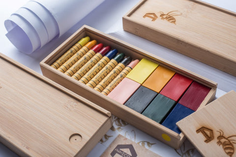 Apiscor Beeswax Crayons, Block 16 in Bamboo Box (8 blocks & 8 sticks) Combination