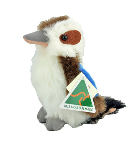 A plush toy bird with white, brown, and gray feathers, a gray beak, and a blue-and-white tail, shown on a plain white background. A triangular tag on its side reads 'AUSTRALIAN MADE'.
