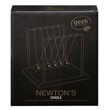 Newton's Cradle packaging with 'geek culture' branding on a black background