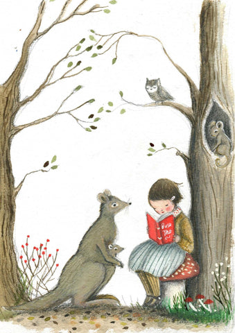 Greeting Card - Michelle Pleasance - Girl Reading with Kangaroo, Dragonfly Toys 