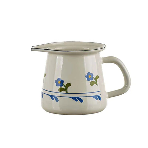 Enamel Milk Jug Cream with Blue Flowers