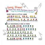 Song sheet with lyrics and colorful bell notations for 'Mary Had a Little Lamb' and 'Old MacDonald Had a Farm'.