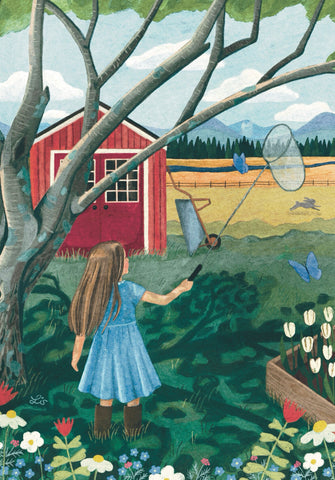 Greeting Card - Girl Playing Outside of a Barn by Elisabeth Dorrian