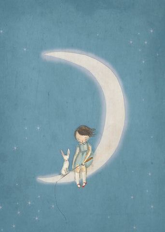 Greeting Card - Girl on moon with cat by Michelle Pleasance