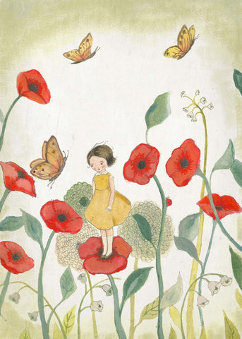 Greeting Card -Girl, Butterfly and Garden by Michelle Pleasance