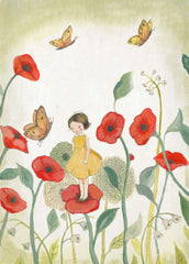 Greeting Card -Girl, Butterfly and Garden by Michelle Pleasance