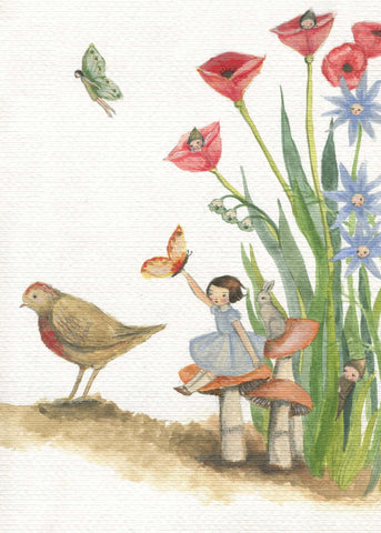 Greeting Card - Girl perched on mushroom by Michelle Pleasance