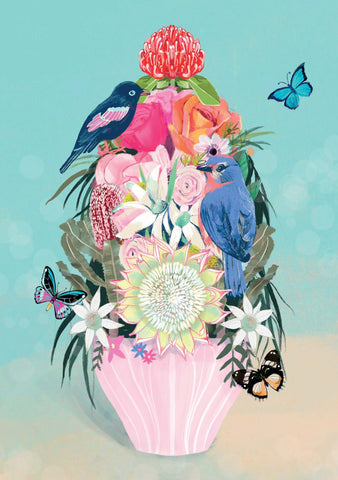 Greeting Card - Bouquet of flowers with birds and butterfly by Daniela Glassop