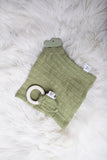 Crocodile Rubber Teether with Sage Green Muslin Comforter Dragonfly Toys 
