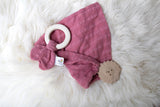 Natural Rubber Teether with Organic Pink Muslin Tie, Dragonfly Toys 