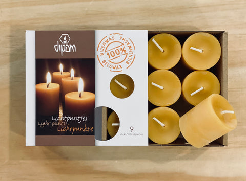 Pure Beeswax Dipam Tealights Box of 9. 8+ hour burn time, Dragonfly Toys