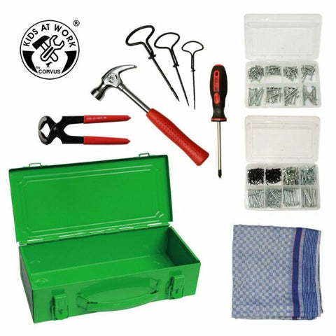 Metal Tool Box Green with Tools for Nailing and Screwing, Dragonfly Toys