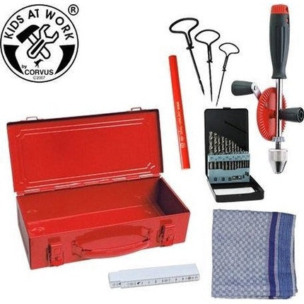 Metal Tool Box Red with Tools for Drilling and Measuring