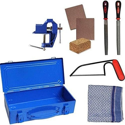 Metal Tool Box Blue with Tools for Sawing and Sanding