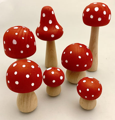 Wooden Mushrooms Red and White Dots Handpainted, Dragonfly Toys 